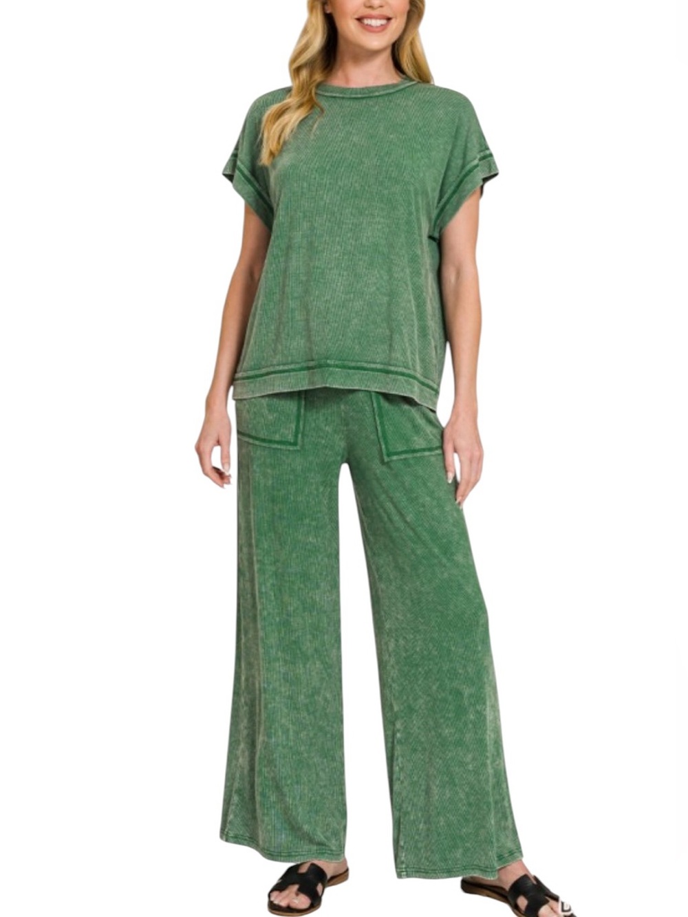 Relaxed Green Ribbed Knit Top - Unbranded